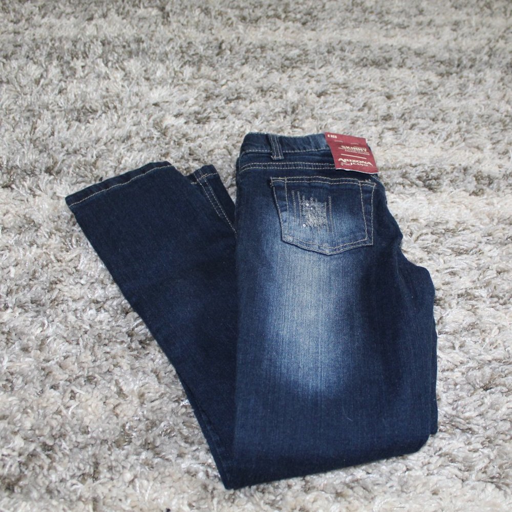 Arizona Girls Skinny Leg Jeans Size 8 Reg Dark Blue Distressed Wash Denim NWts